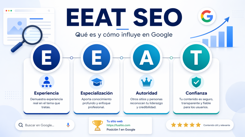 4 pilares de EEAT SEO ¿qué es y cómo influye en Google? 1 Pilares De Eeat Seo Con Iconos Claros Para Principiantes